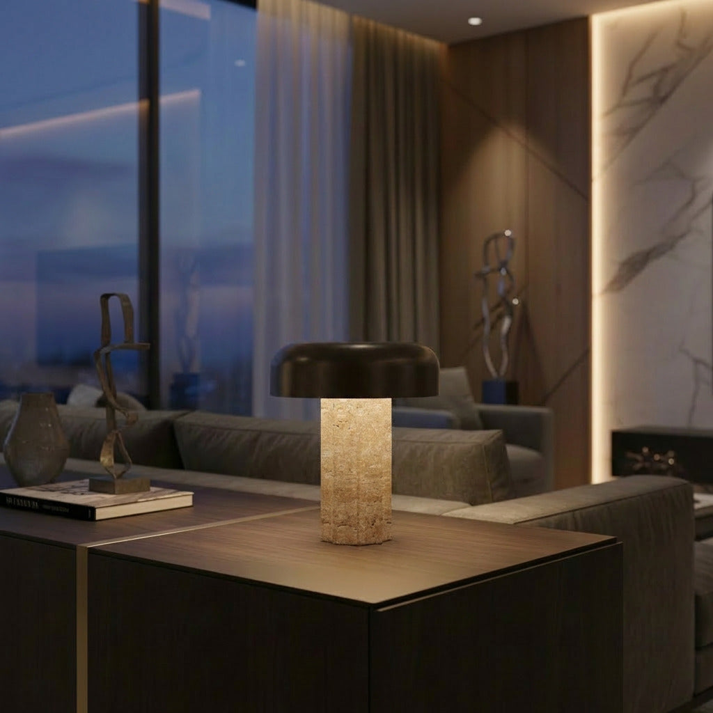 CORDLESS TABLE LAMP FLUTED COLUMN TRAVERTINE CHOCOLATE BRONZE